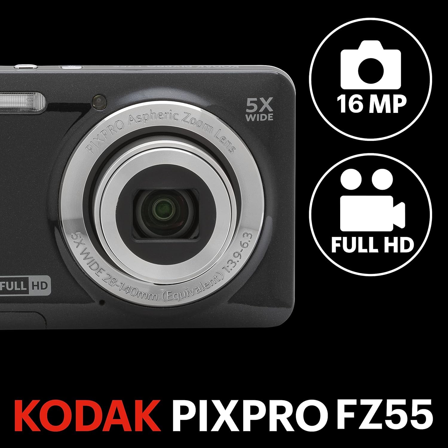 PIXPRO FZ55-BK 16MP CMOS Sensor Digital Camera 5X Optical Zoom 28Mm Wide Angle 1080P Full HD Video 2.7" LCD Vlogging Camera (Black)