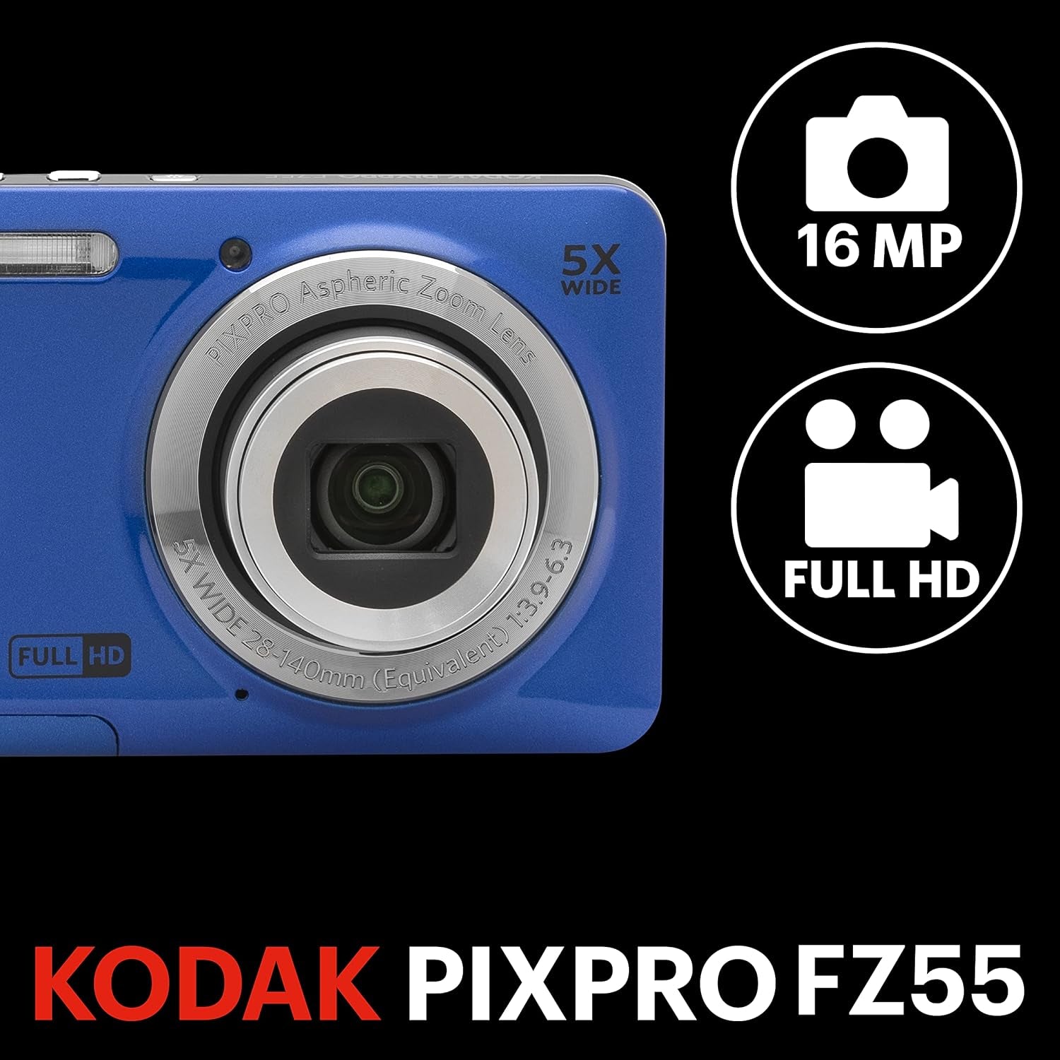 PIXPRO FZ55-BL 16MP Digital Camera 5X Optical Zoom 28Mm Wide Angle 1080P Full HD Video Li-Ion Battery 2.7" LCD Vlogging Camera (Blue)