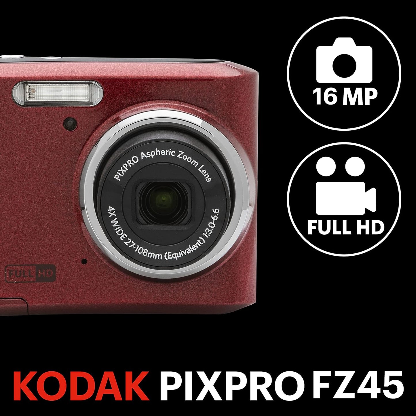 PIXPRO Friendly Zoom FZ45-RD 16MP Digital Camera with 4X Optical Zoom 27Mm Wide Angle and 2.7" LCD Screen (Red)