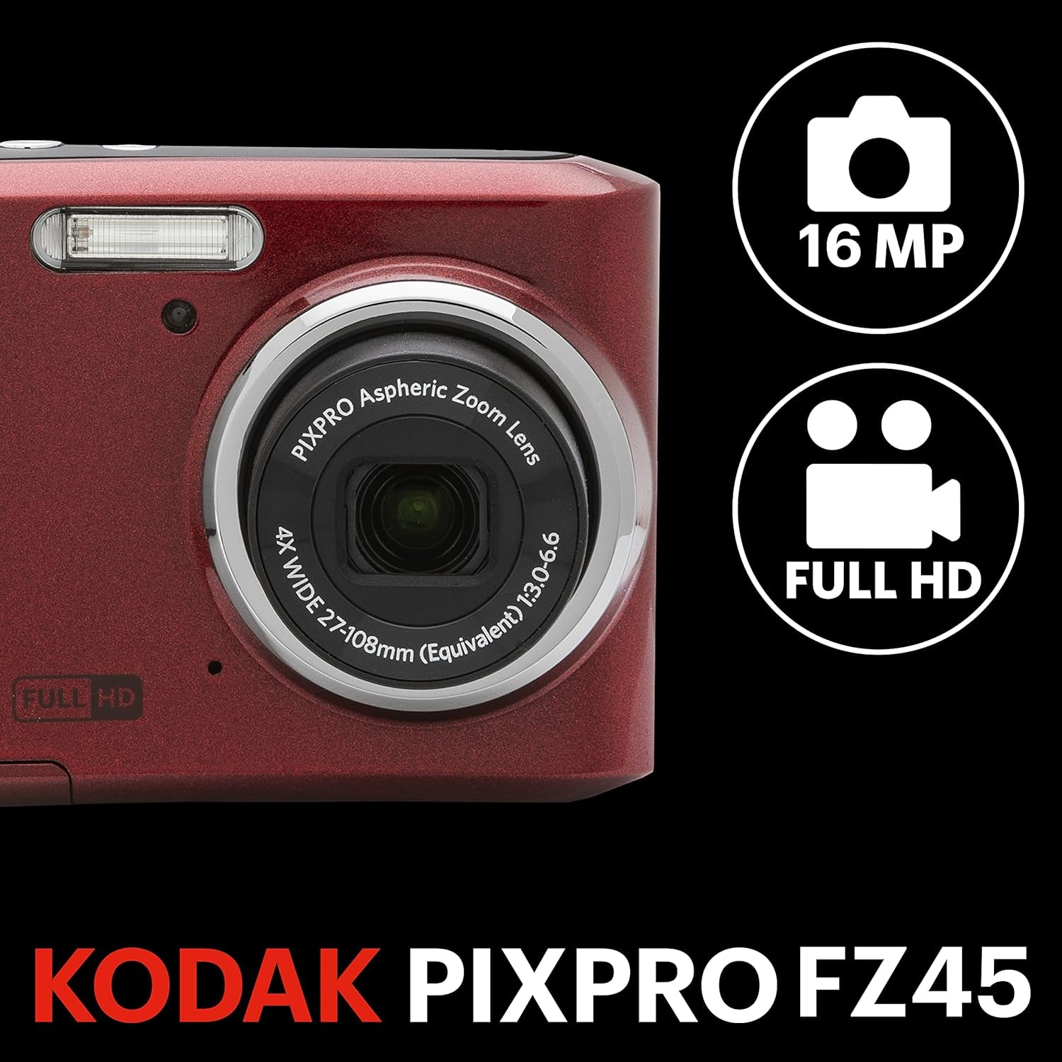 PIXPRO Friendly Zoom FZ45-RD 16MP Digital Camera with 4X Optical Zoom 27Mm Wide Angle and 2.7" LCD Screen (Red)