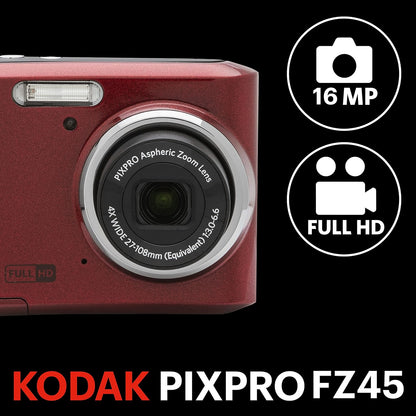 PIXPRO Friendly Zoom FZ45-RD 16MP Digital Camera with 4X Optical Zoom 27Mm Wide Angle and 2.7" LCD Screen (Red)